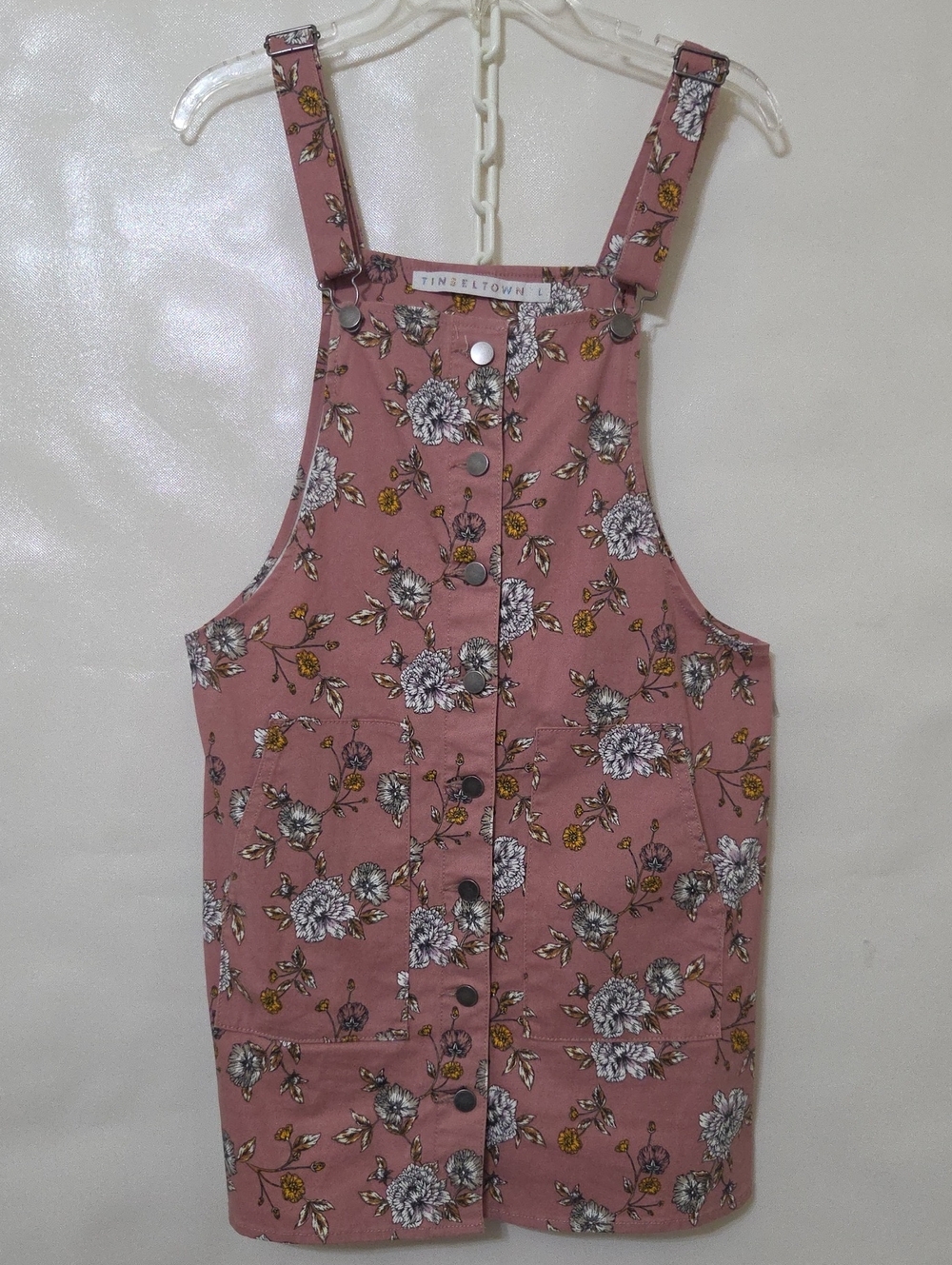 Tinseltown Mauve Floral Button Pinafore Overall Jumper Mini Dress - Size Large